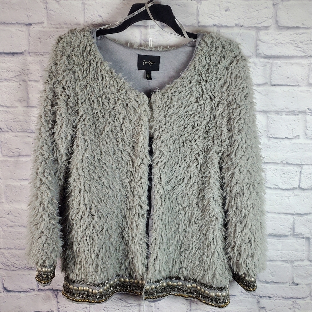 NWT Jessica Simpson Kassidy Embellished Faux Shearling Sweater/Jacket, L, Sleet